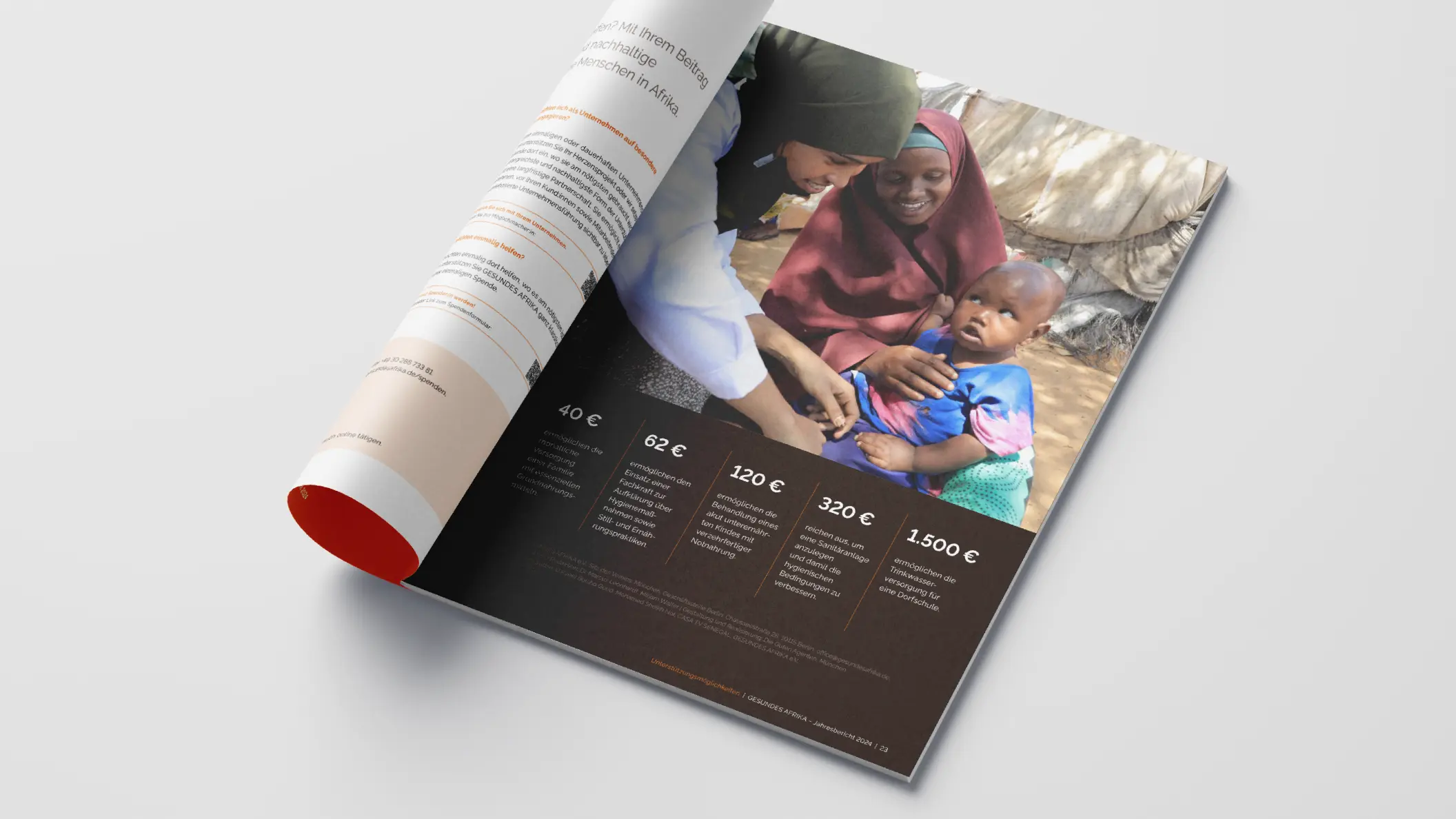Gesundes Afrika, Jahresbericht 2024, aufgeschlagene Einzelseite mit Foto und Spendenaufruf