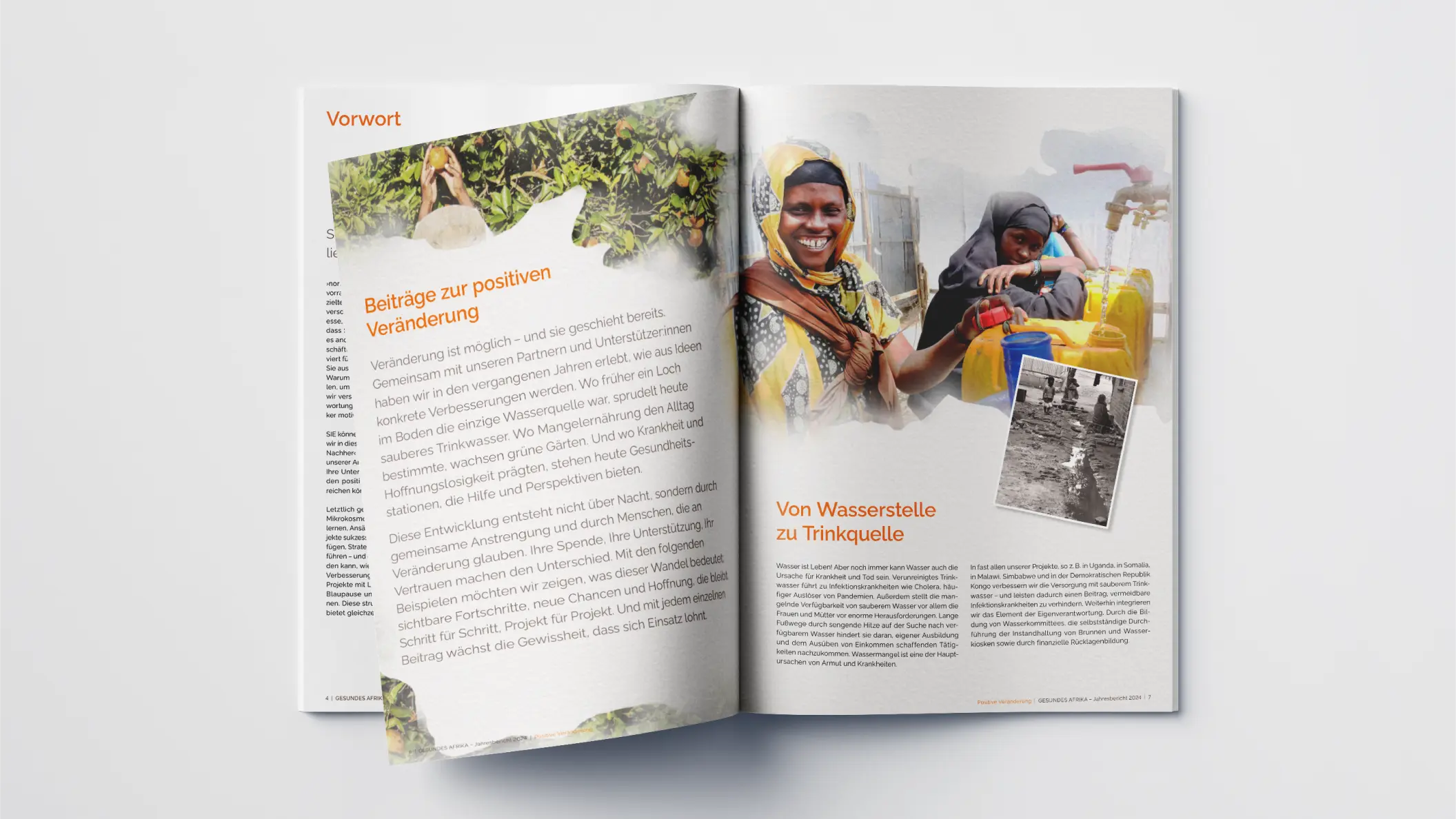 Gesundes Afrika, Jahresbericht 2024, aufgeschlagene Doppelseite mit Fotos mit Aquarell-Effekt und Text