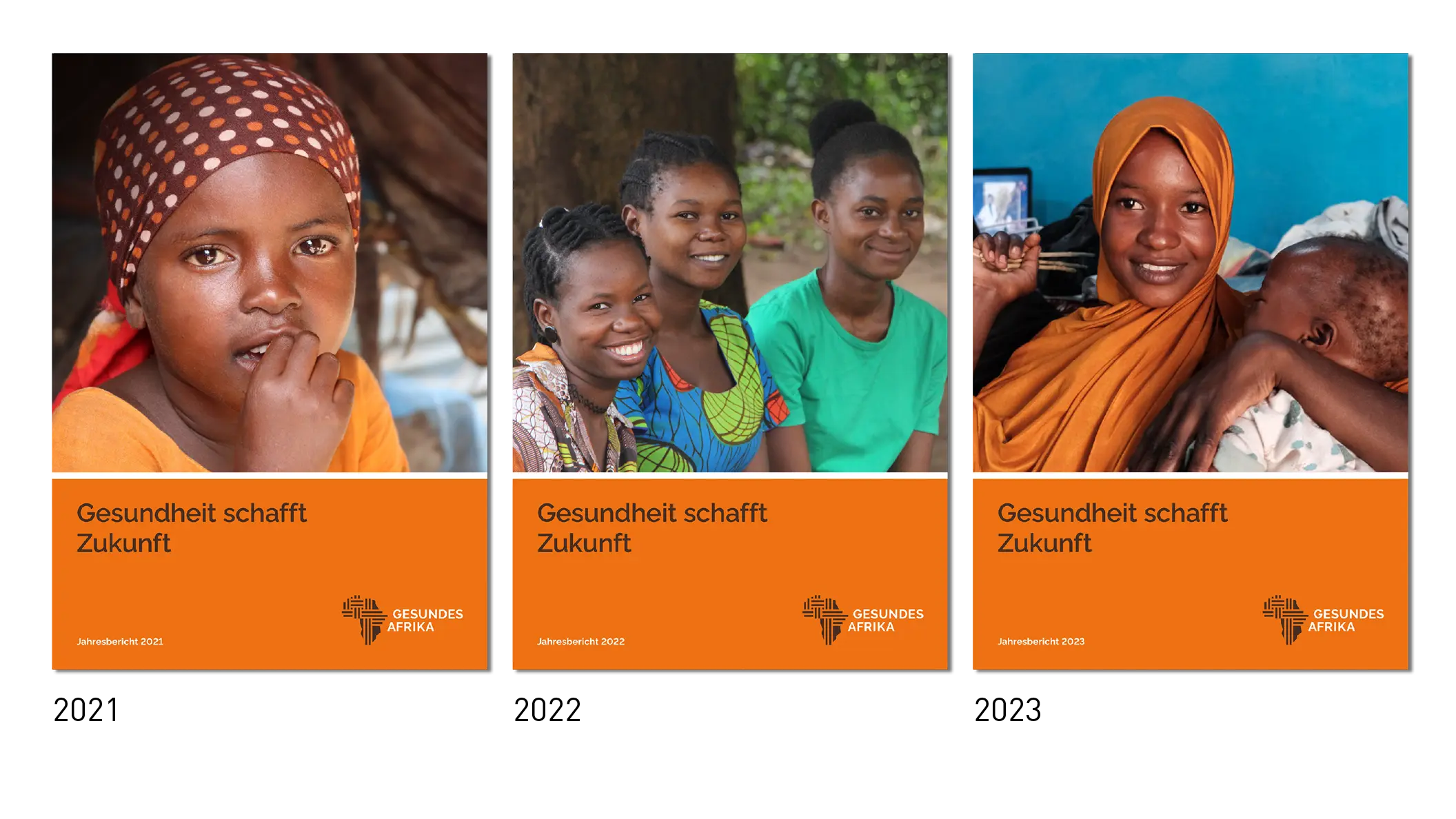 Titelseiten der Jahresberichte 2021, 2022 und 2023 für Gesundes Afrika