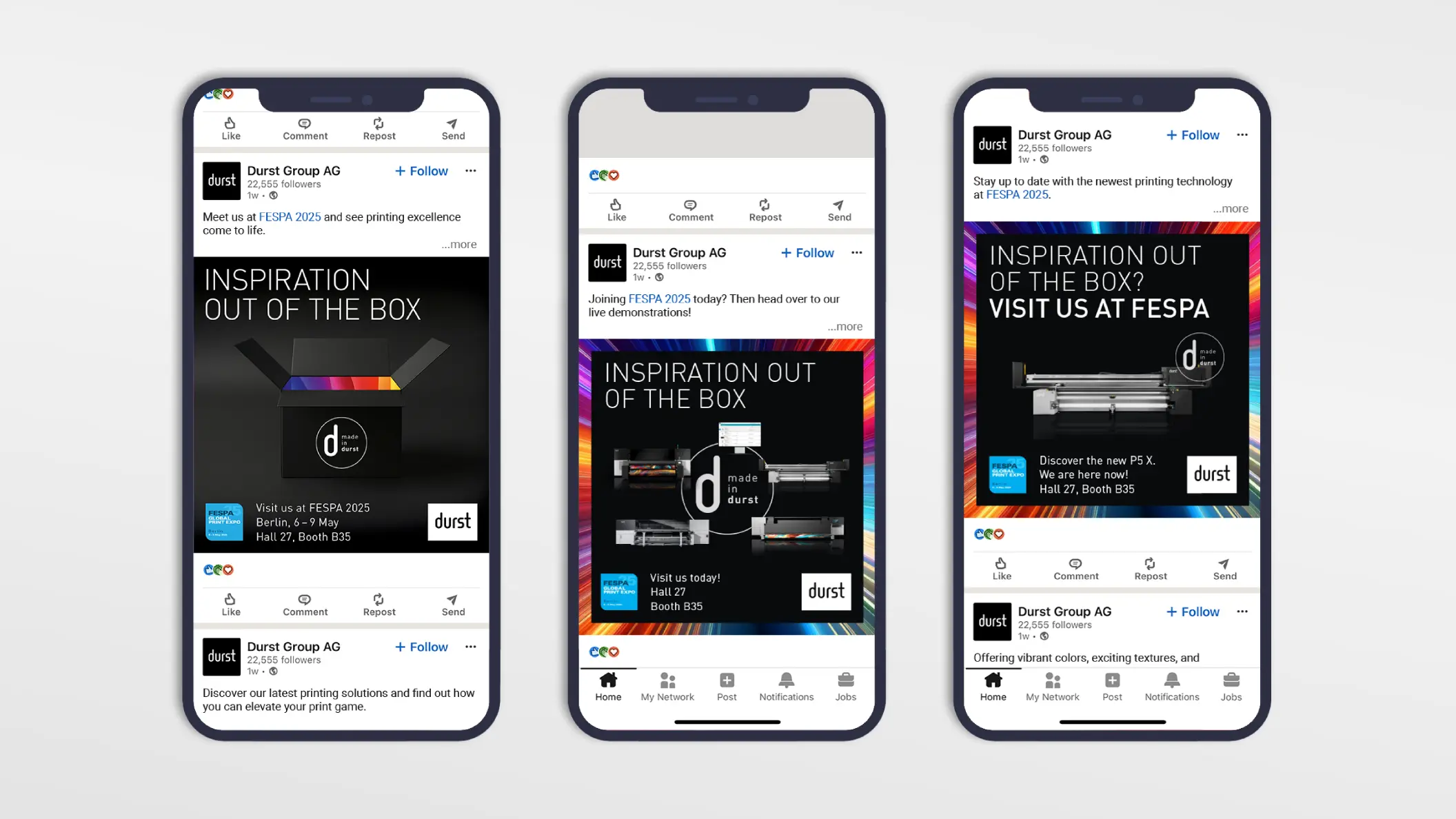 Durst, drei Smartphones mit drei LinkedIn-Posts von Durst für die Messe FESPA 2025