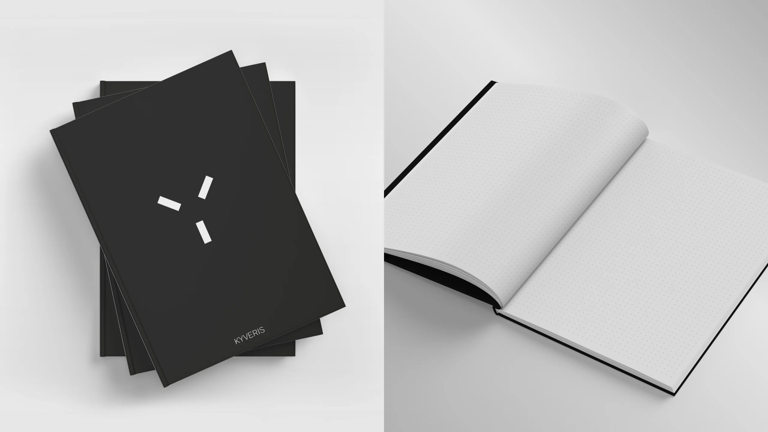Kyveris, Notizbuch Cover mit Logo und Innenseiten gepunktet