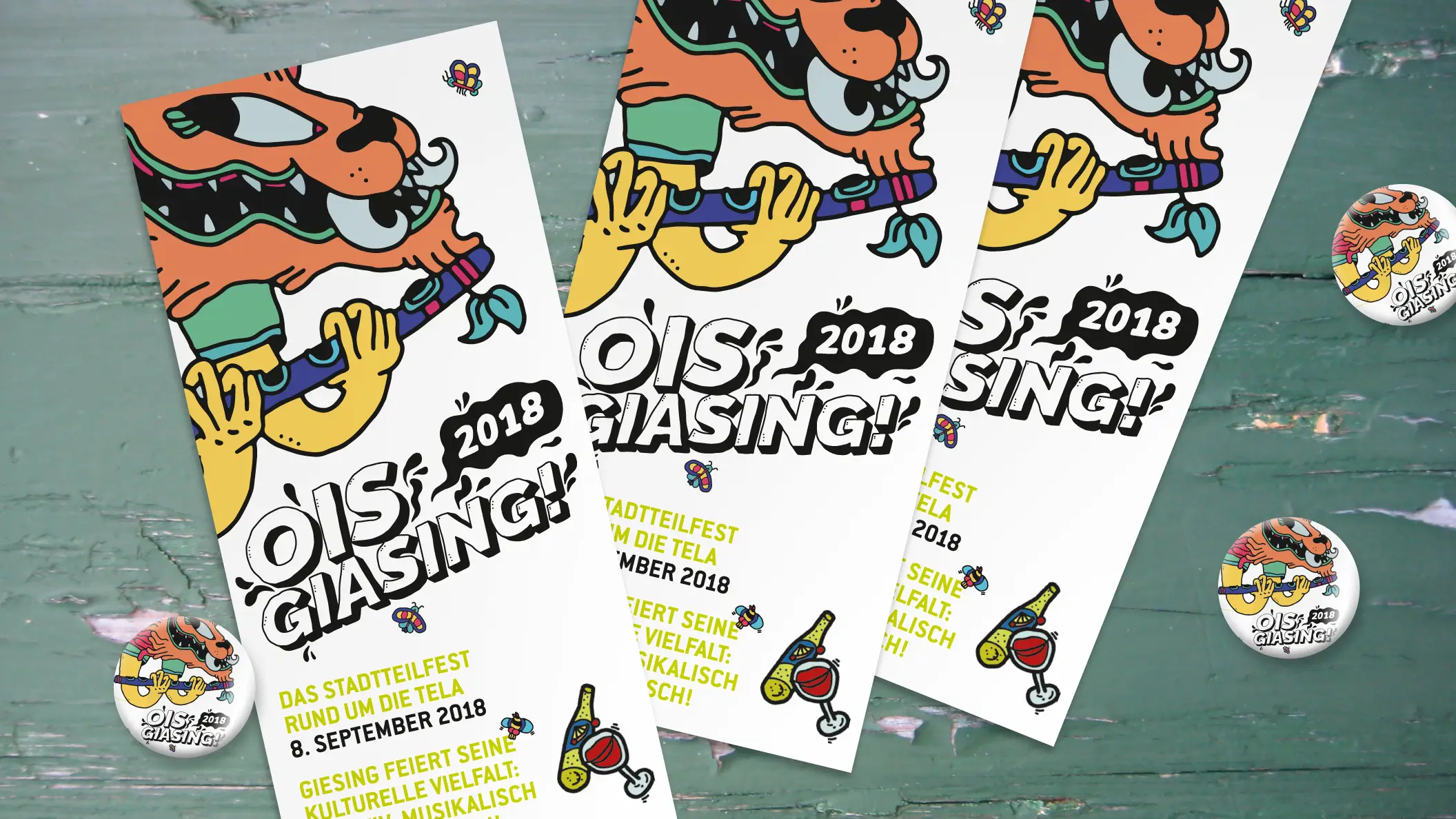 Stadtteilfest Ois Giasing 2018, Flyer-Titel mit Buttons